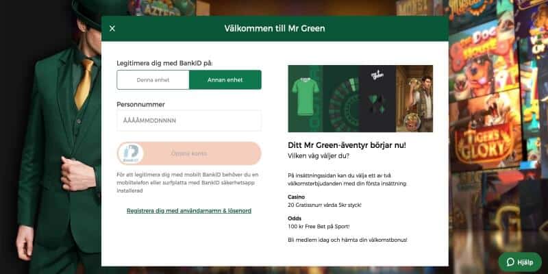mr-green registrering logga in
